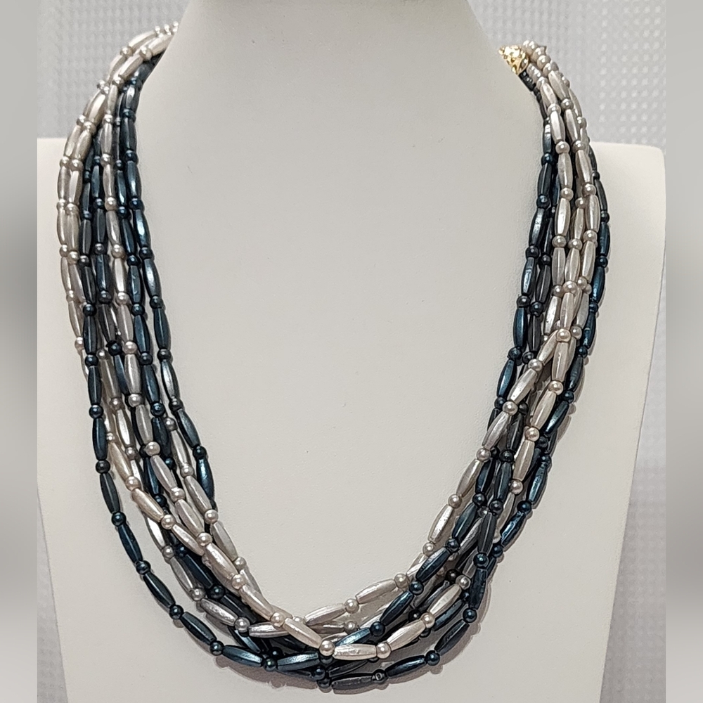 Vintage Hong Kong Multi Strand Blue Silver Bead Necklace Gold Tone 1960s